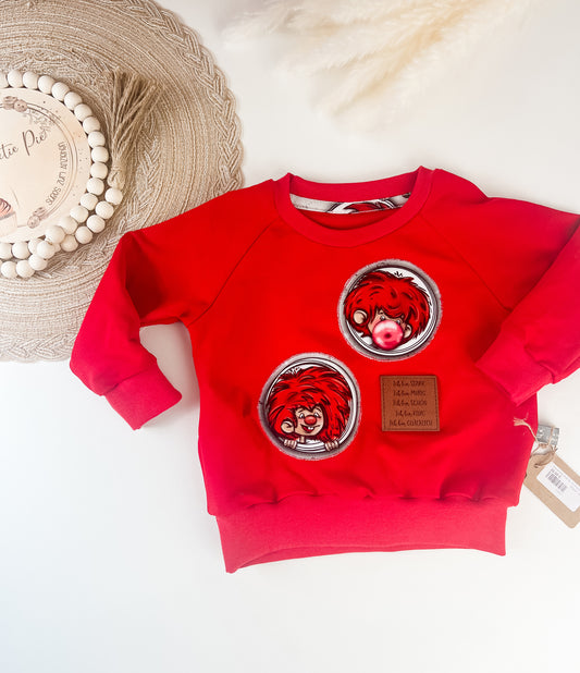 SOFORTKAUF Gr. 74 Handgemachter roter Pumuckl-Sweater für Kinder – mit Applikation & Kunstlederpatch – Bio-Baumwolle – Geschenkidee