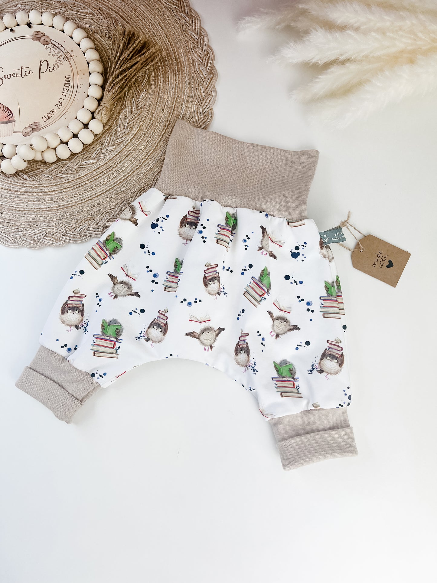 SOFORTKAUF Gr. 56/62 Baby Pumphose mit Eulen Baby Pumphose Babyhose mit Uhu handgemacht Junge Mädchen Newborn Babyoutfit