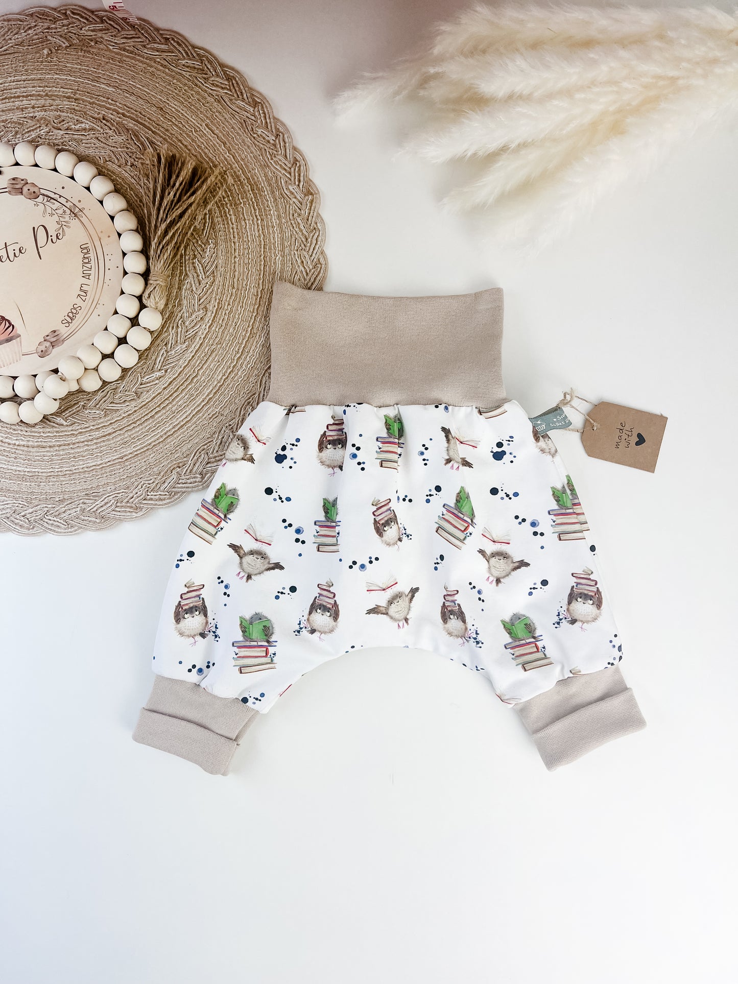 SOFORTKAUF Gr. 56/62 Baby Pumphose mit Eulen Baby Pumphose Babyhose mit Uhu handgemacht Junge Mädchen Newborn Babyoutfit