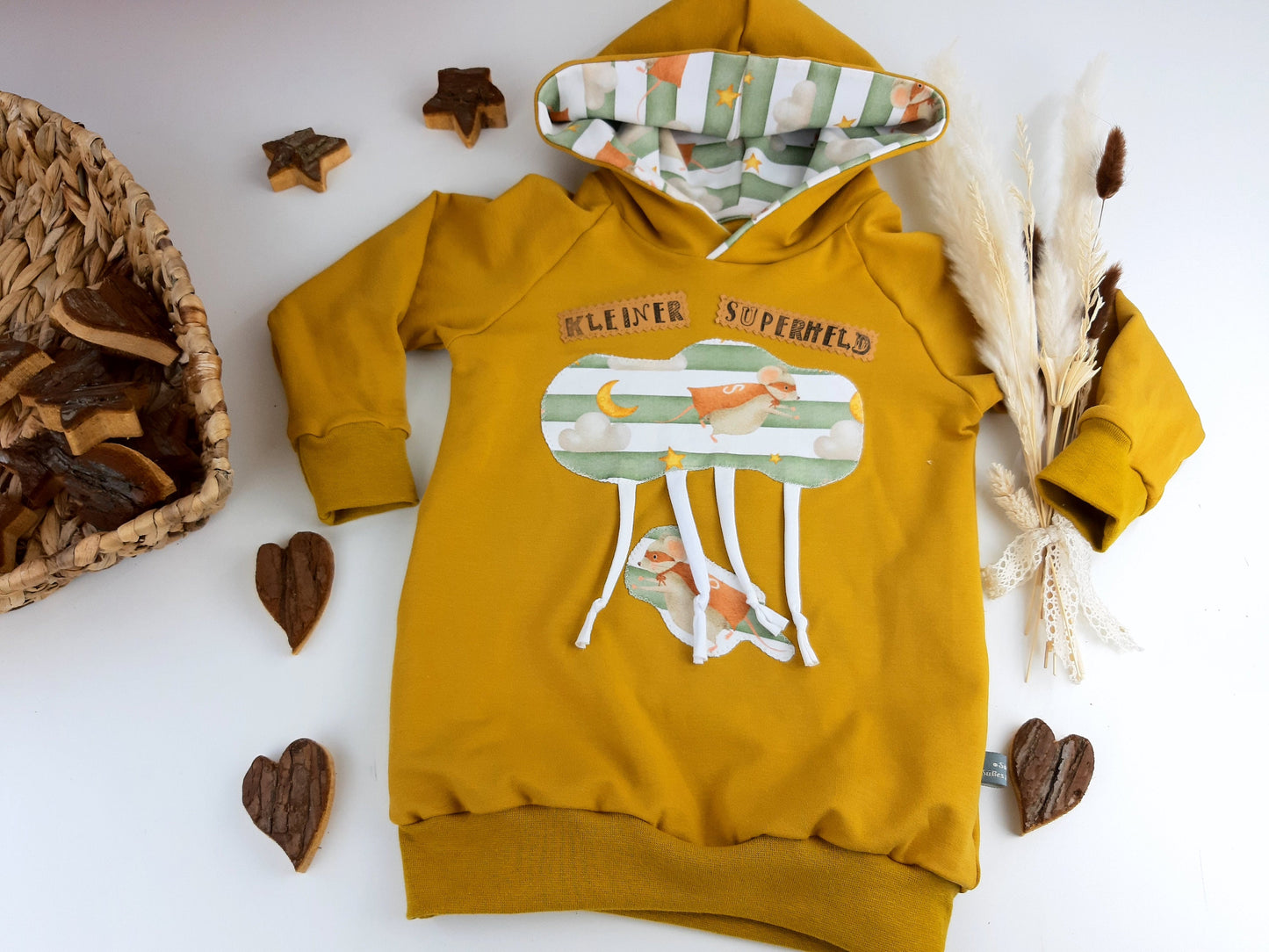 Oversized Baby und Kinder-Set: Hoodie mit Superhelden-Maus und Slim Harem Hose – Bio French Terry, Unisex, personalisierbar Gr. 62 - 128