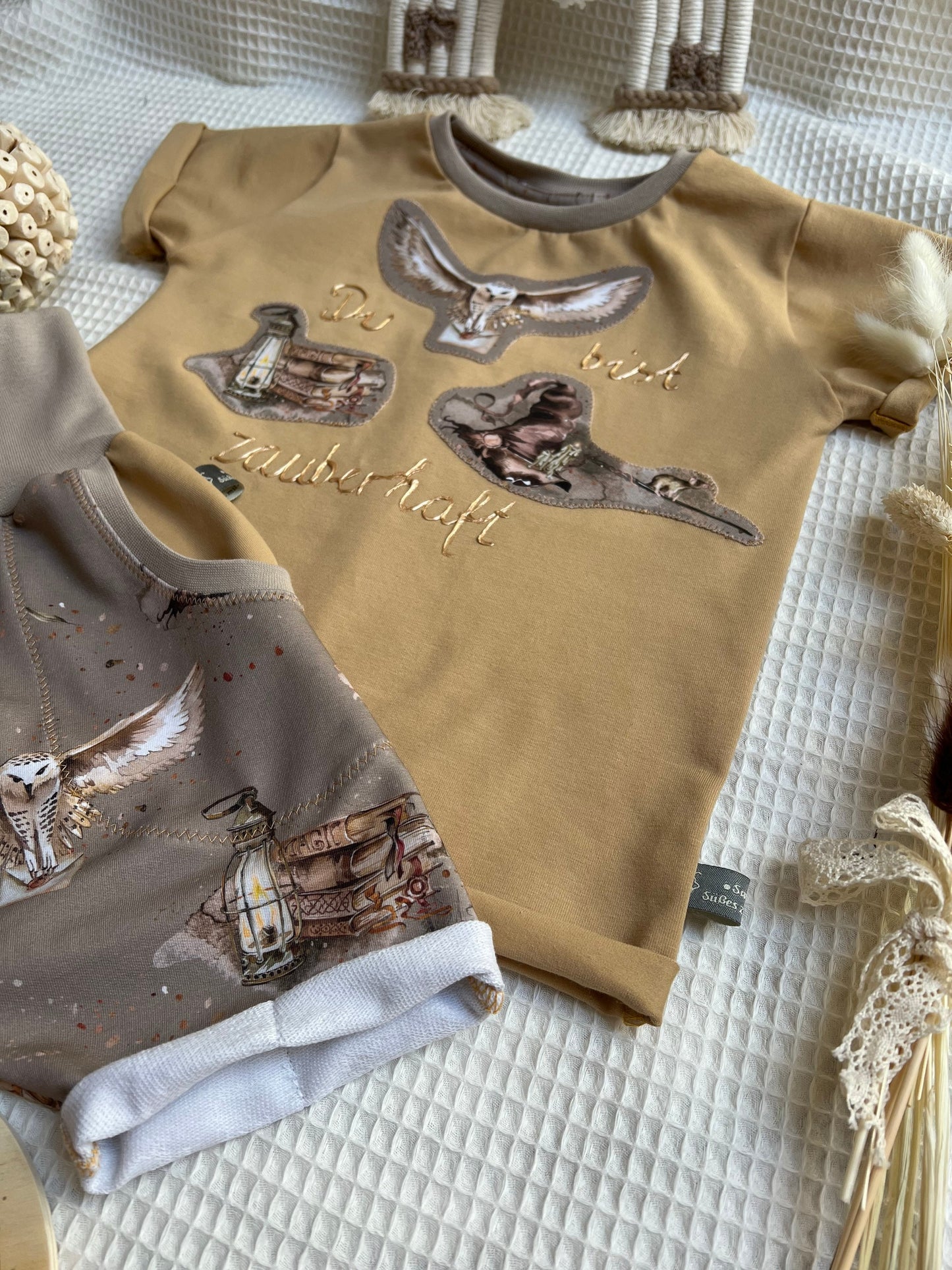 Babyset Shirt und Hose magisch // personalisierte Babykleidung // Eulen // magisches Sommer Outfit // Babyset Zauberei // Gr. 62 - 122