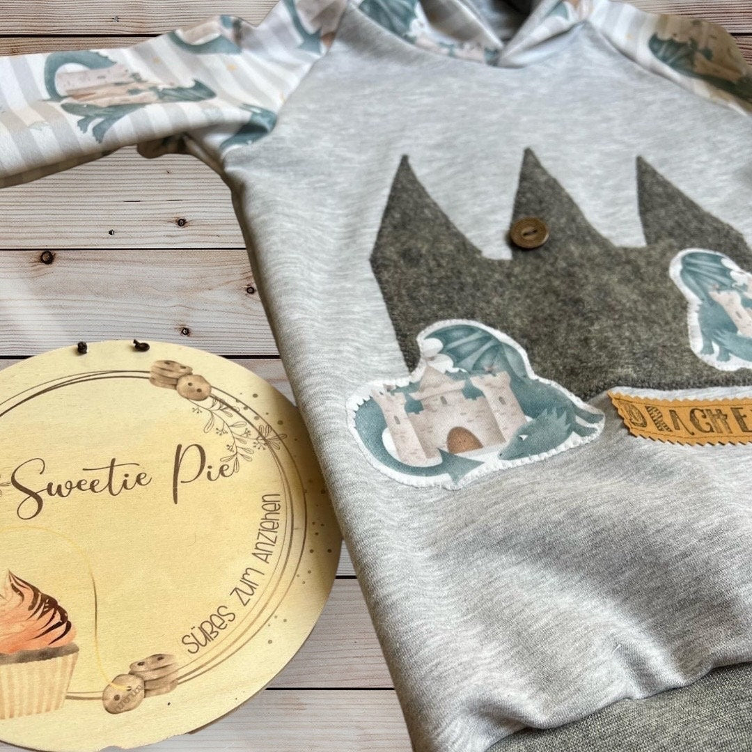Oversized Baby und Kinder-Set: Hoodie mit Drachen Applikation und Slim Harem Hose – Bio French Terry, personalisierbar Gr. 62 - 128
