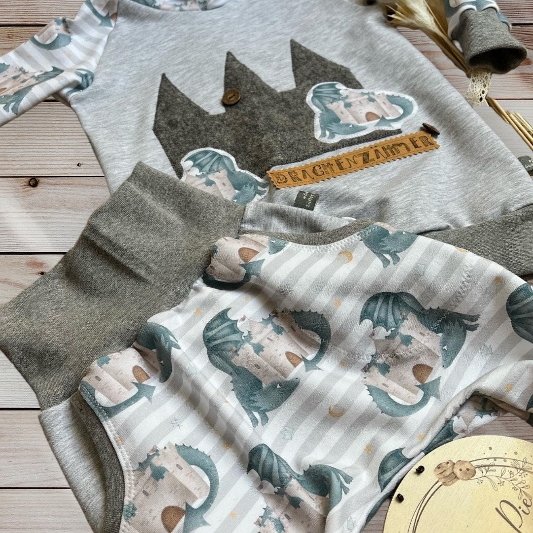 Oversized Baby und Kinder-Set: Hoodie mit Drachen Applikation und Slim Harem Hose – Bio French Terry, personalisierbar Gr. 62 - 128