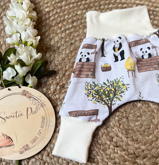 Baby Pumphose mit niedlichem Pandamotiv Baby Pumphose Babyhose mit Zitronen handgemacht Junge Mädchen Newborn Babyoutfit Gr. 44 - 98