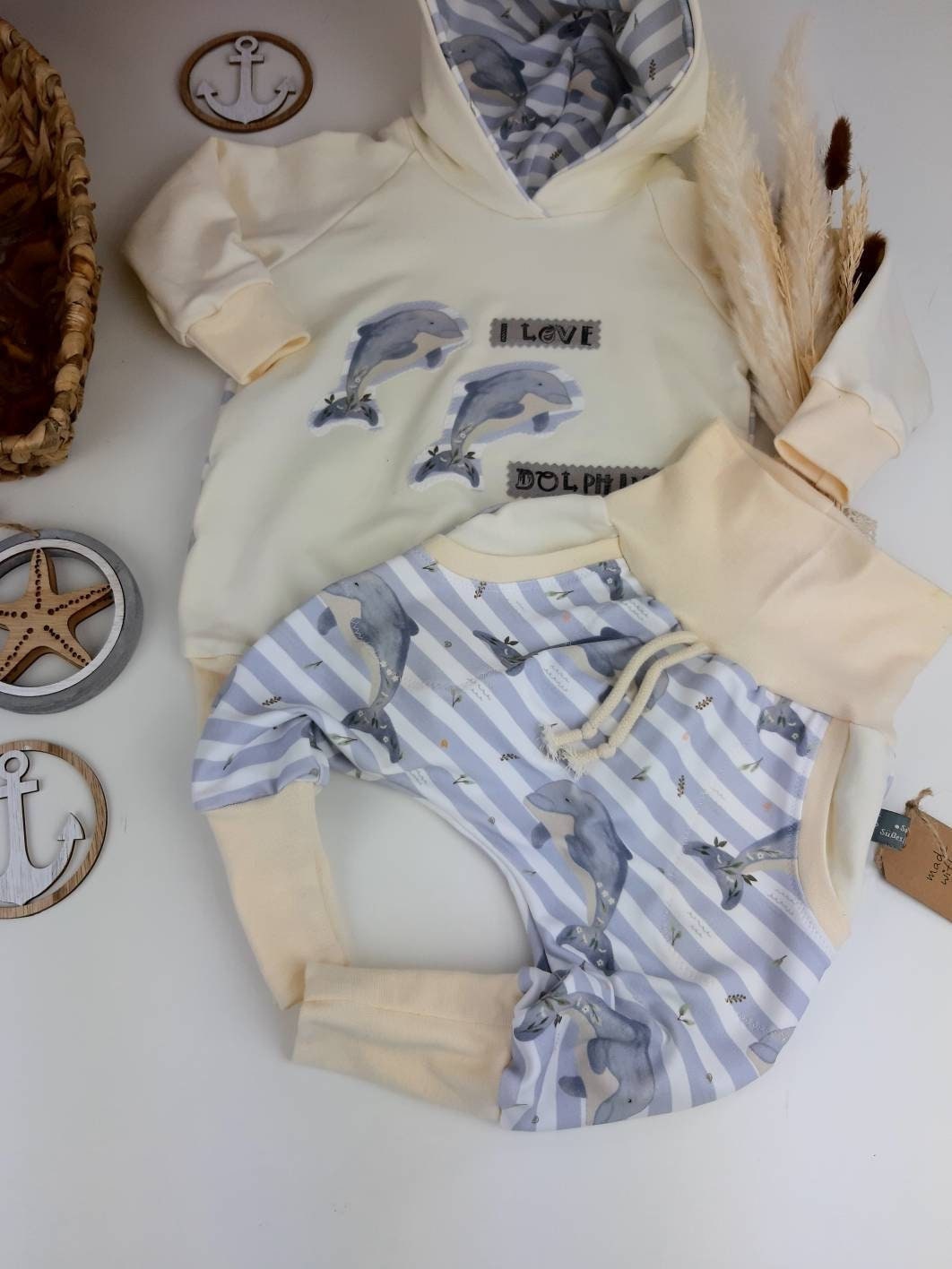 Oversized Baby und Kinder-Set: Hoodie mit Delfin-Applikation und Slim Harem Hose – Bio French Terry, Unisex, personalisierbar Gr. 62- 128