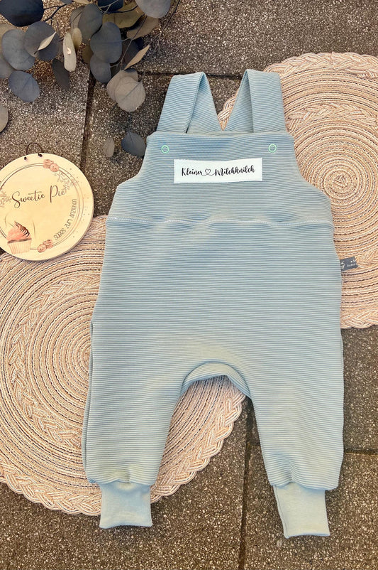 Latzhose "Milchknilch" Strampler Romper Baby blau mint Taufe Geschenk Geburt personalisiert Junge Newborn Neugeborenes Erstausstattung