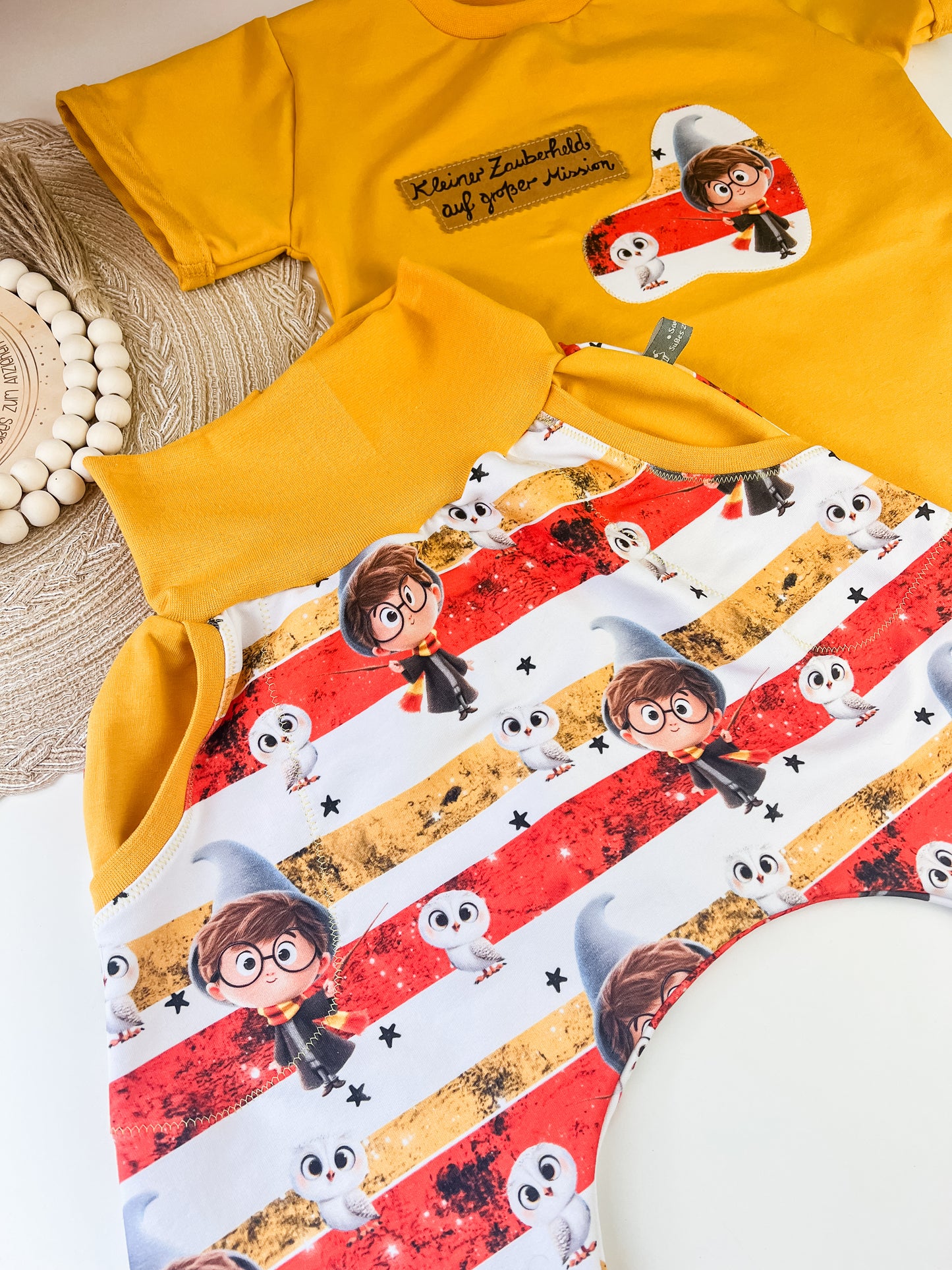 Zauberhaftes Baby Set – T-Shirt mit Applikation & SnapPap Spruch + Shorts mit Zauberer & Eule – Handmade Kleidung für Kindern Gr. 62 - 128
