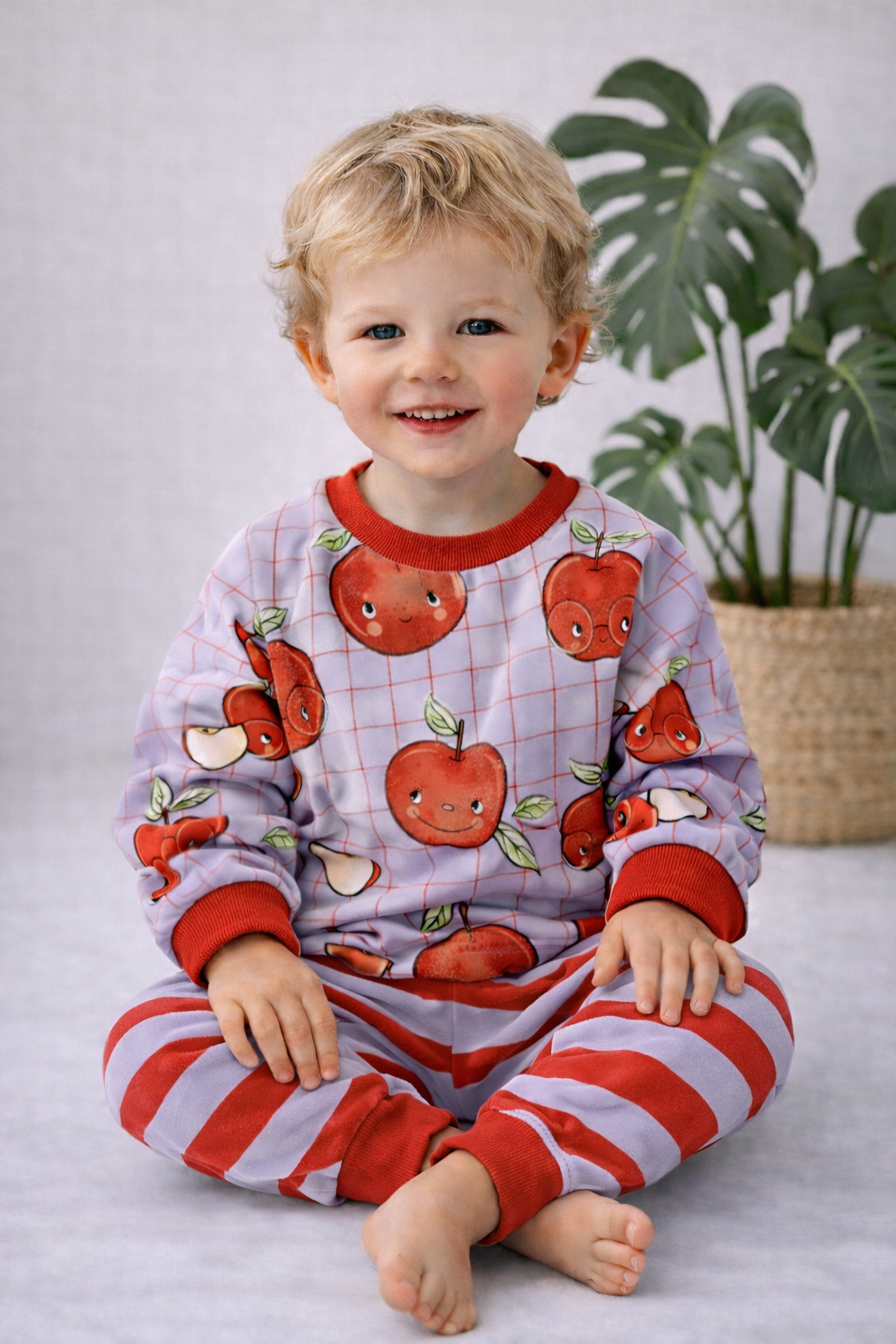 Kinder Set Sweater & Slim Harem Hose | Oversized Kinder Sweater mit Apfel Motiv | Bequemes Kinder Outfit in Flieder & Rot | Unisex