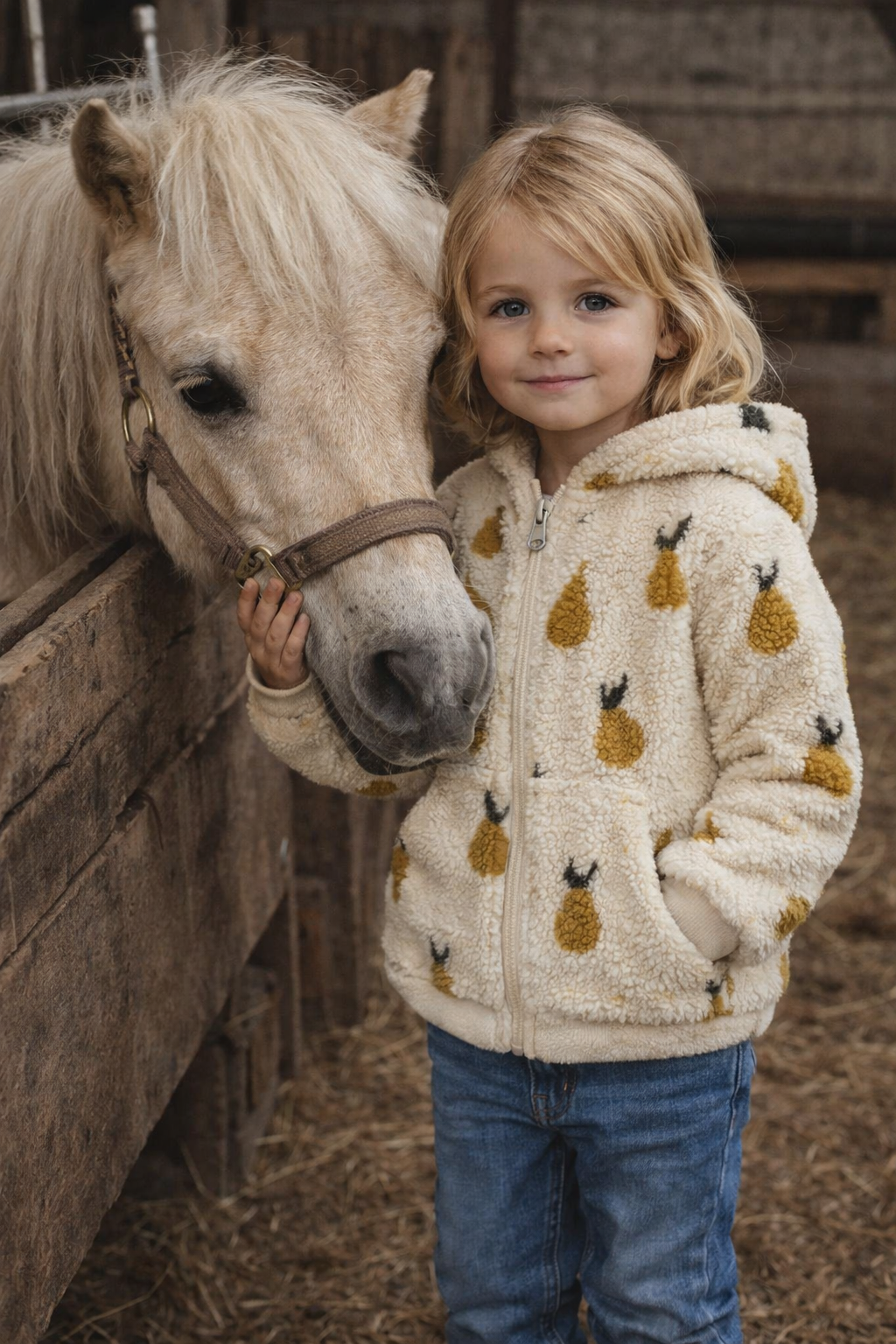 Kuschelige Teddyjacke für Kinder mit Birnen | Sandfarbene Übergangsjacke mit Kapuze | Cozy Blouson für Baby & Kind