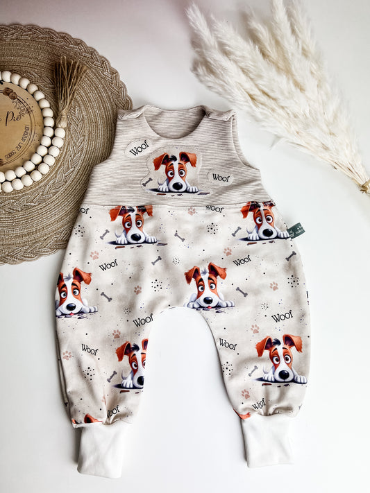 Strampler Welpe, Baby Einteiler, Newborn Outfit, Babyset, Handmade Babystrampler in Beige, Hundemotiv, Baby Geschenk Gr. 44–98