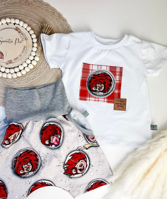 Baby Set Sommer – Kurze Slim Harem + T-Shirt mit frechem Kobold  – Handgemacht – Unikat für Babys & Kleinkinder Gr. 62 - 128