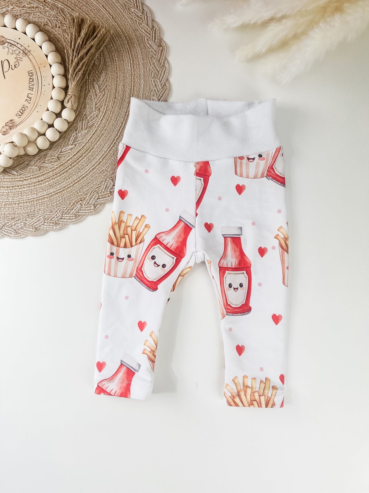 Baby-Leggings aus Bio French Terry mit niedlichem Pommes-und-Ketchup-Motiv – Handgefertigt, Unisex, komfortabel // Gr. 44 - 128