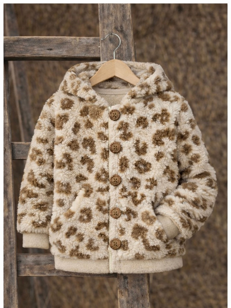 Kuschelige Teddyjacke für Kinder im Leo Design | Sandfarbene Übergangsjacke mit Kapuze | Cozy Blouson für Baby & Kind