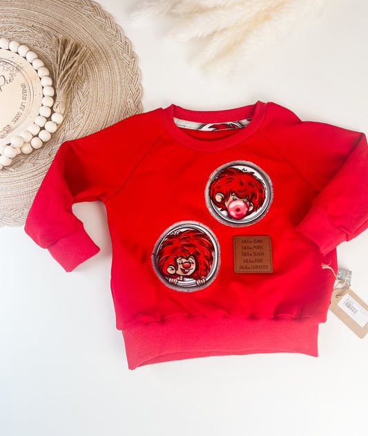 SOFORTKAUF Gr. 80 Handgemachter roter Pumuckl-Sweater für Kinder – mit Applikation & Kunstlederpatch – Bio-Baumwolle – Geschenkidee