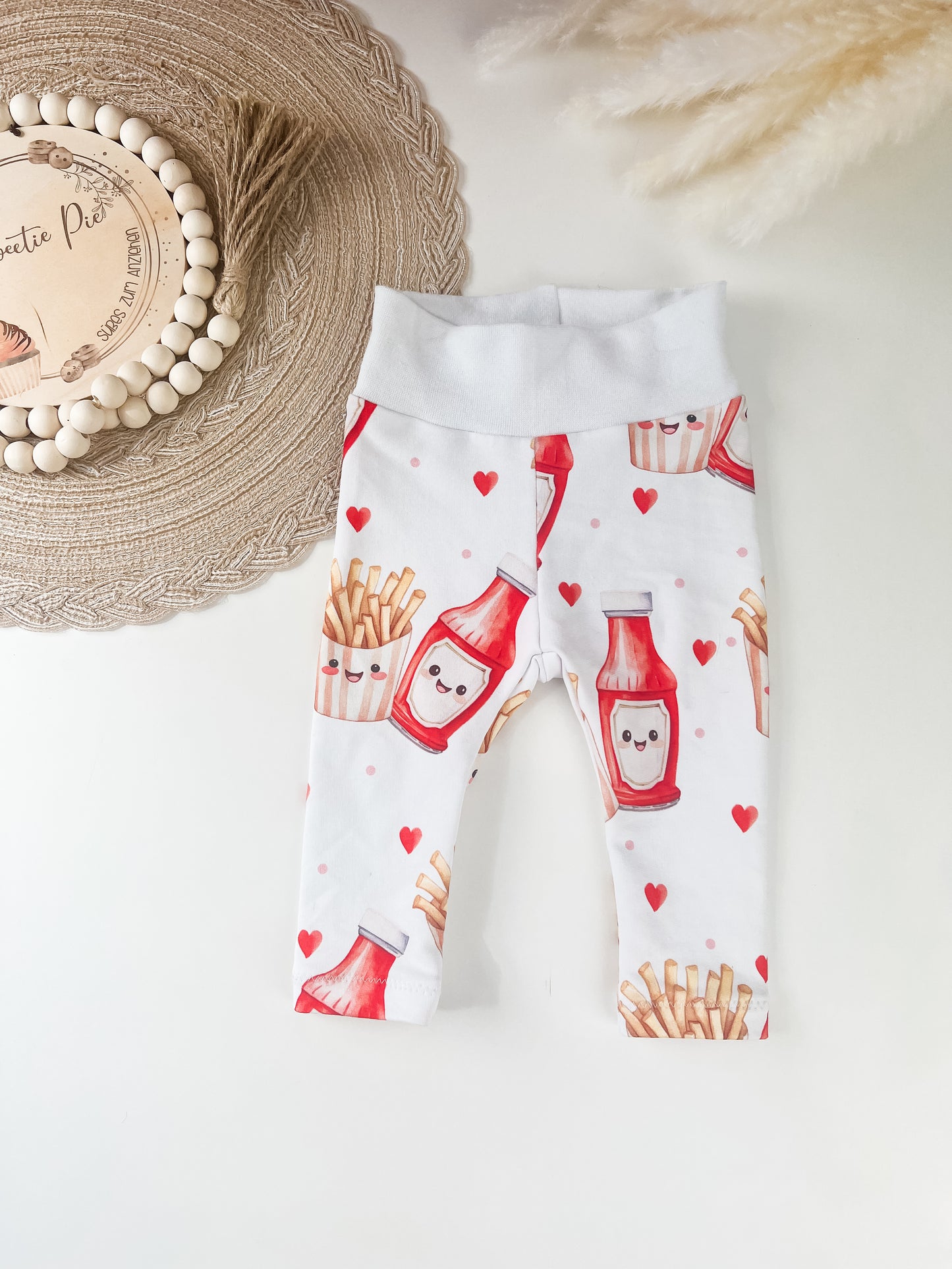 Baby-Leggings aus Bio French Terry mit niedlichem Pommes-und-Ketchup-Motiv – Handgefertigt, Unisex, komfortabel // Gr. 44 - 128