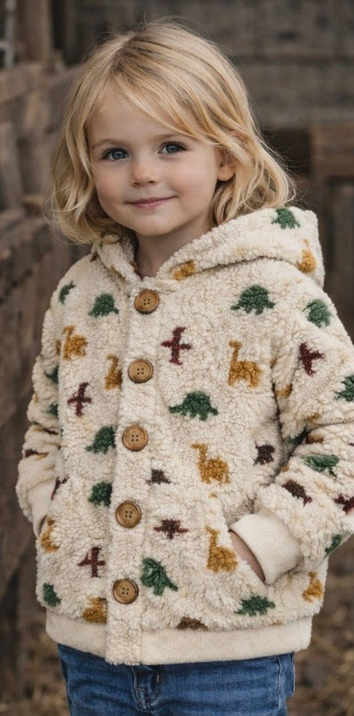 Kuschelige Teddyjacke für Kinder mit Dinosaurier Motiv | Sandfarbene Übergangsjacke mit Kapuze | Cozy Blouson für Baby & Kind
