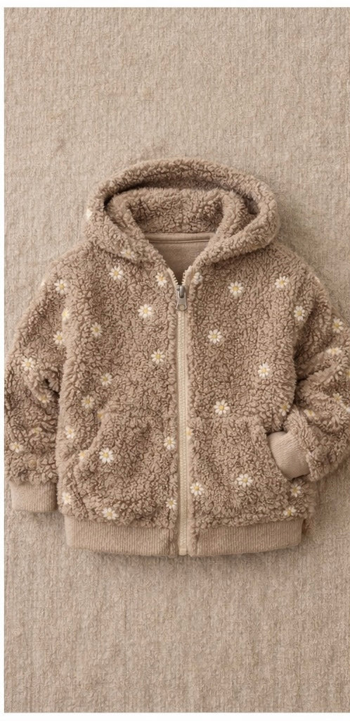 Teddy Jacke Kinder | Sandfarbene Kuscheljacke mit Gänseblümchen | Gefütterte Übergangsjacke Baby & Kind | Wahlweise Reißverschluss oder Knöpfe
