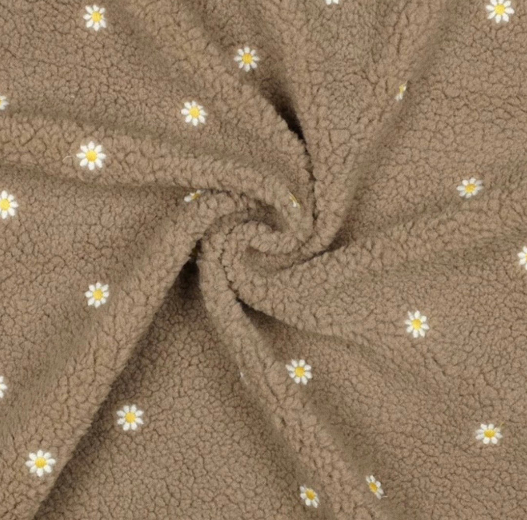 Teddy Jacke Kinder | Sandfarbene Kuscheljacke mit Gänseblümchen | Gefütterte Übergangsjacke Baby & Kind | Wahlweise Reißverschluss oder Knöpfe