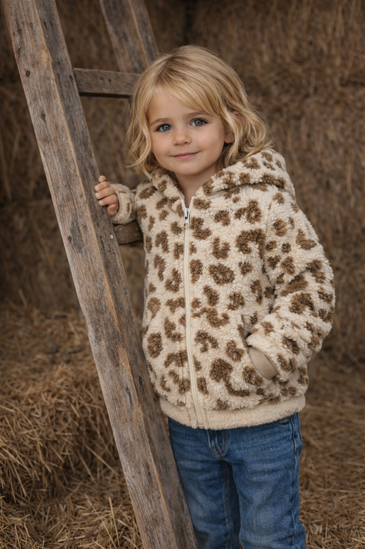 Kuschelige Teddyjacke für Kinder im Leo Design | Sandfarbene Übergangsjacke mit Kapuze | Cozy Blouson für Baby & Kind
