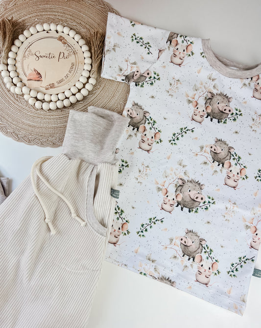 Baby-Set Wildschwein & Maus – Slim Harem Cordhose + T-Shirt – Handgemacht aus Bio-Stoff – Unisex Geschenk zur Geburt Gr. 62 - 128 – Geschenk für kleine Entdecker