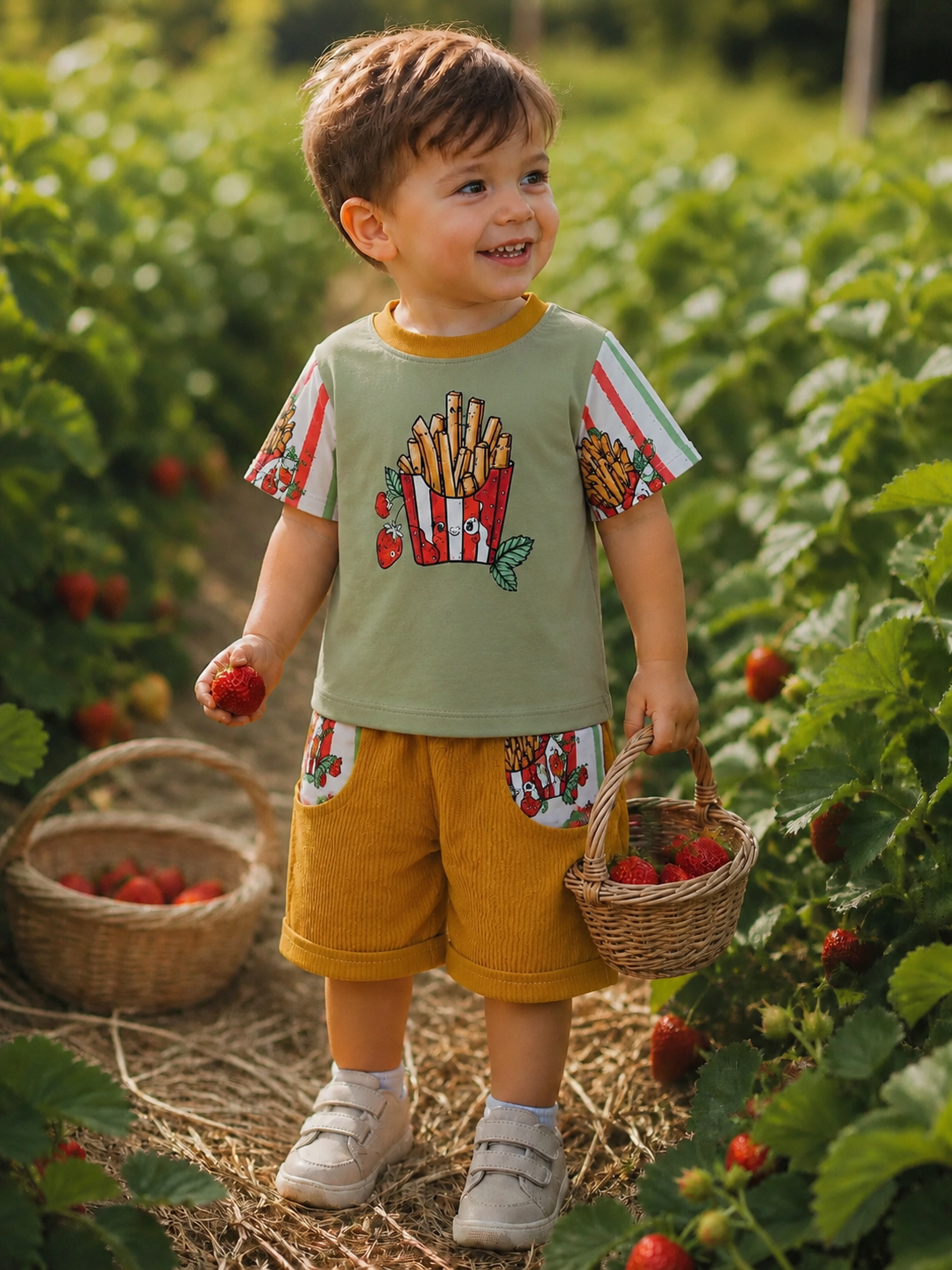 Kinder Set mit T-Shirt & Slim Harem Shorts | Senffarbene Cordhose | Handmade Sommer Outfit | Bio Baumwolle | Bequem & verspielt