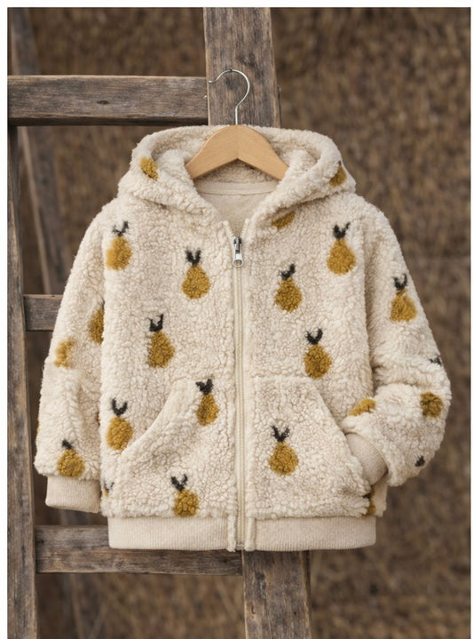 Kuschelige Teddyjacke für Kinder mit Birnen | Sandfarbene Übergangsjacke mit Kapuze | Cozy Blouson für Baby & Kind