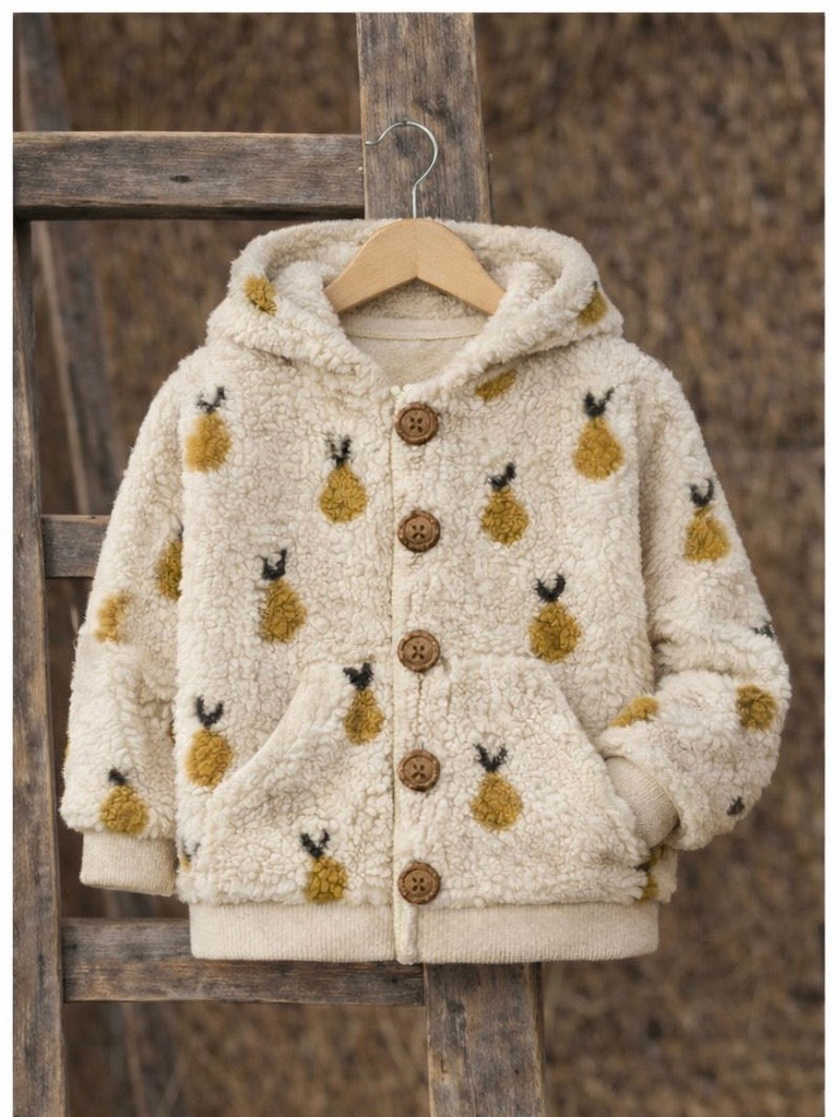 Kuschelige Teddyjacke für Kinder mit Birnen | Sandfarbene Übergangsjacke mit Kapuze | Cozy Blouson für Baby & Kind