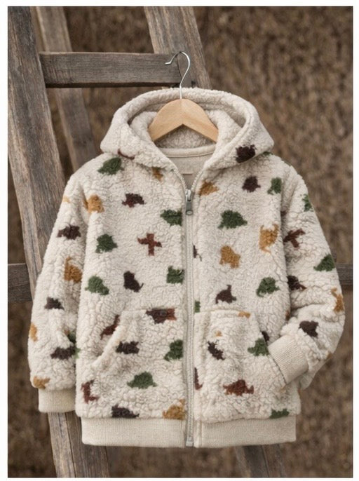 Kuschelige Teddyjacke für Kinder mit Dinosaurier Motiv | Sandfarbene Übergangsjacke mit Kapuze | Cozy Blouson für Baby & Kind