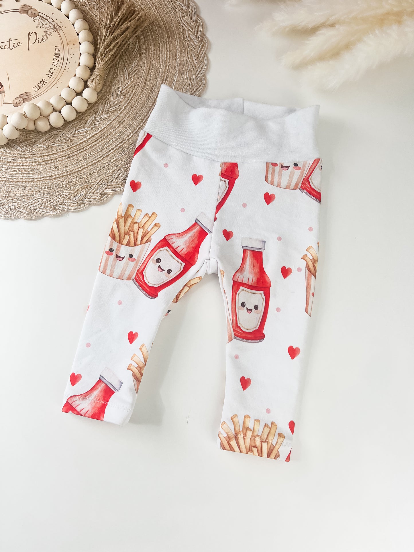 Baby-Leggings aus Bio French Terry mit niedlichem Pommes-und-Ketchup-Motiv – Handgefertigt, Unisex, komfortabel // Gr. 44 - 128