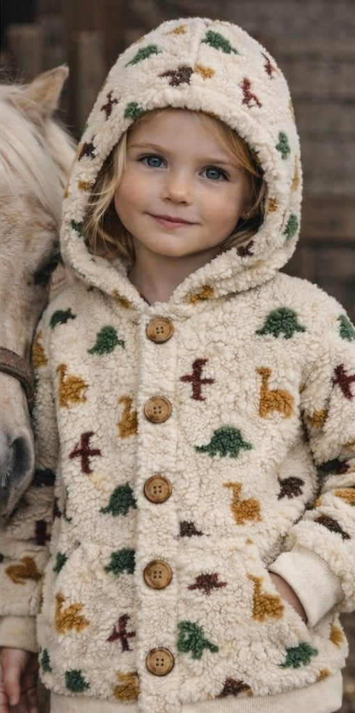 Kuschelige Teddyjacke für Kinder mit Dinosaurier Motiv | Sandfarbene Übergangsjacke mit Kapuze | Cozy Blouson für Baby & Kind