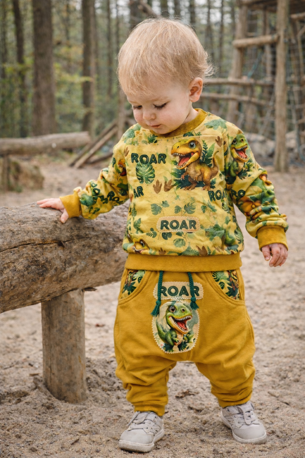 Dino Set für Kinder | Oversized Sweater & Slim Harem Hose senffarben | Bequemes Kinder Outfit mit Applikation | Unisex I Gr. 62 - 134
