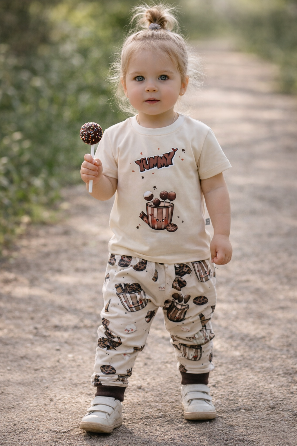 Kinder Set „Sweet Treats“ | T-Shirt mit Bügelbild & Slim Harem | Schokolade & Cakepops | Handmade Kinder Outfit | Bio Baumwolle
