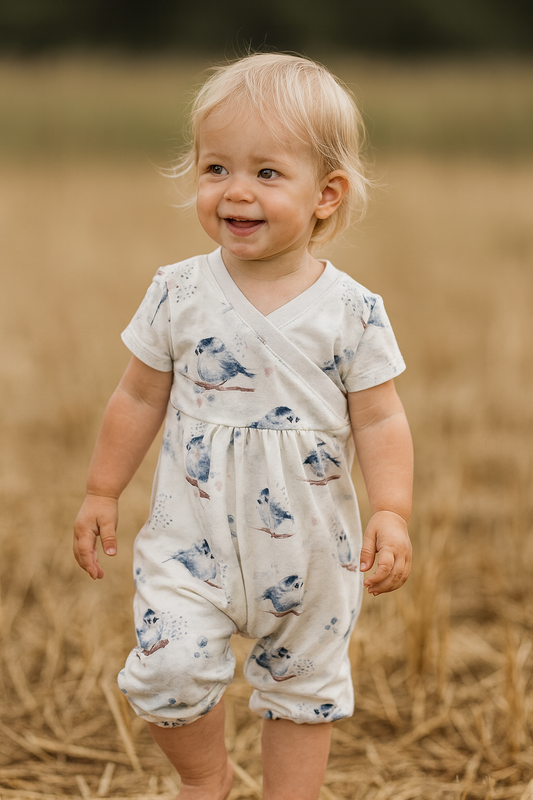 Baby Romper Mädchen mit Vögelchen – Bio Baumwolle – Wickeloptik – Kurzarm oder Langarm Gr. 62 - 140 zur Geburt – Mädchen