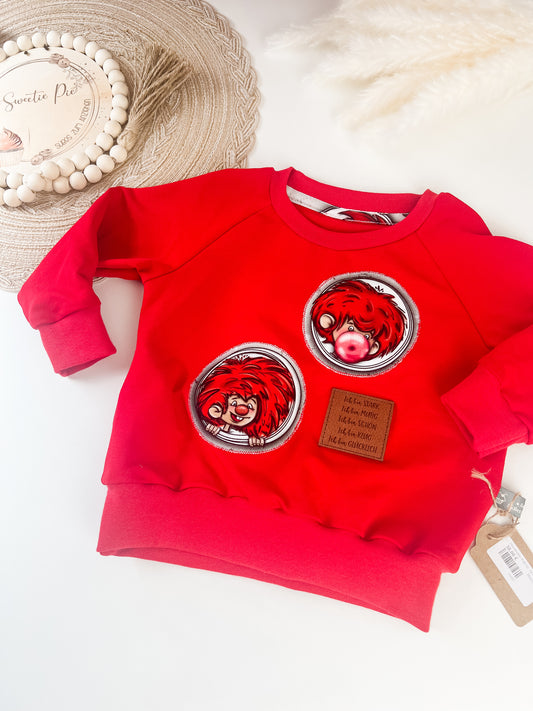 SOFORTKAUF Gr. 74 Handgemachter roter Pumuckl-Sweater für Kinder – mit Applikation & Kunstlederpatch – Bio-Baumwolle – Geschenkidee