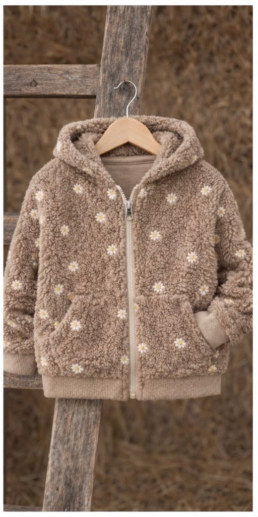 Teddy Jacke Kinder | Sandfarbene Kuscheljacke mit Gänseblümchen | Gefütterte Übergangsjacke Baby & Kind | Wahlweise Reißverschluss oder Knöpfe