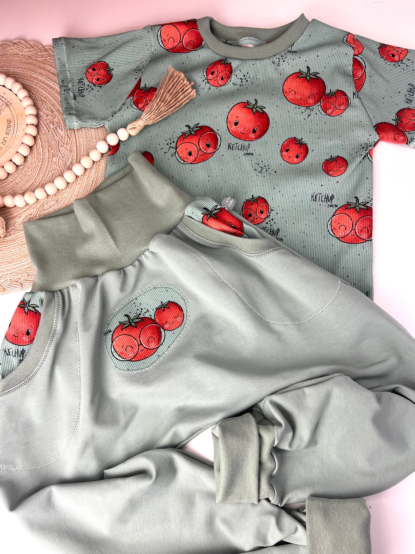 Tomaten Kinder Set aus Ribjersey T-Shirt & Slim Harem mit Taschen | Handmade Kinder Outfit Gr. 62 - 128