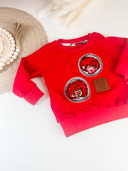 SOFORTKAUF Gr. 80 Handgemachter roter Pumuckl-Sweater für Kinder – mit Applikation & Kunstlederpatch – Bio-Baumwolle – Geschenkidee