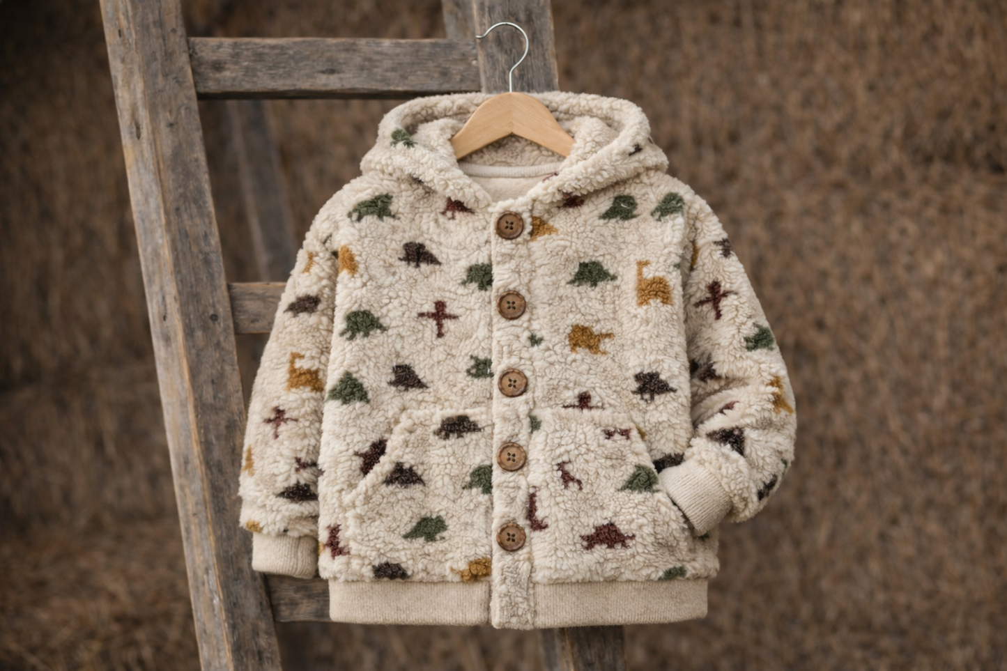 Kuschelige Teddyjacke für Kinder mit Dinosaurier Motiv | Sandfarbene Übergangsjacke mit Kapuze | Cozy Blouson für Baby & Kind