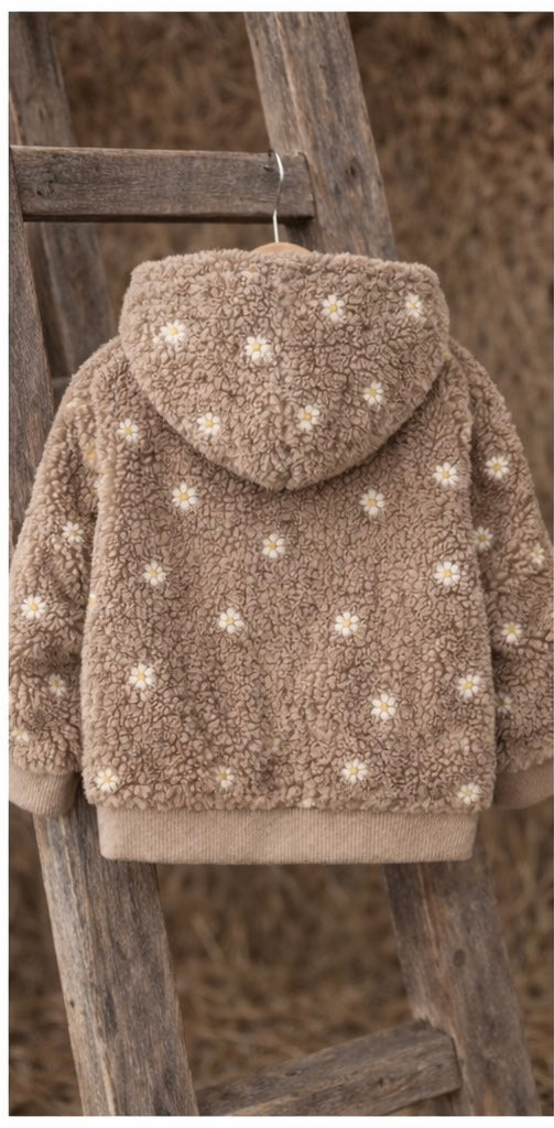 Teddy Jacke Kinder | Sandfarbene Kuscheljacke mit Gänseblümchen | Gefütterte Übergangsjacke Baby & Kind | Wahlweise Reißverschluss oder Knöpfe