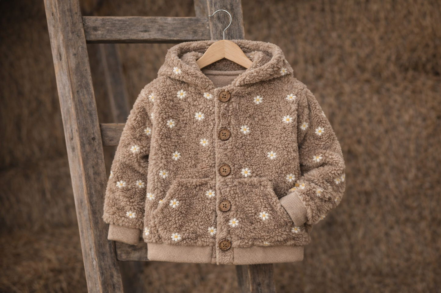 Teddy Jacke Kinder | Sandfarbene Kuscheljacke mit Gänseblümchen | Gefütterte Übergangsjacke Baby & Kind | Wahlweise Reißverschluss oder Knöpfe
