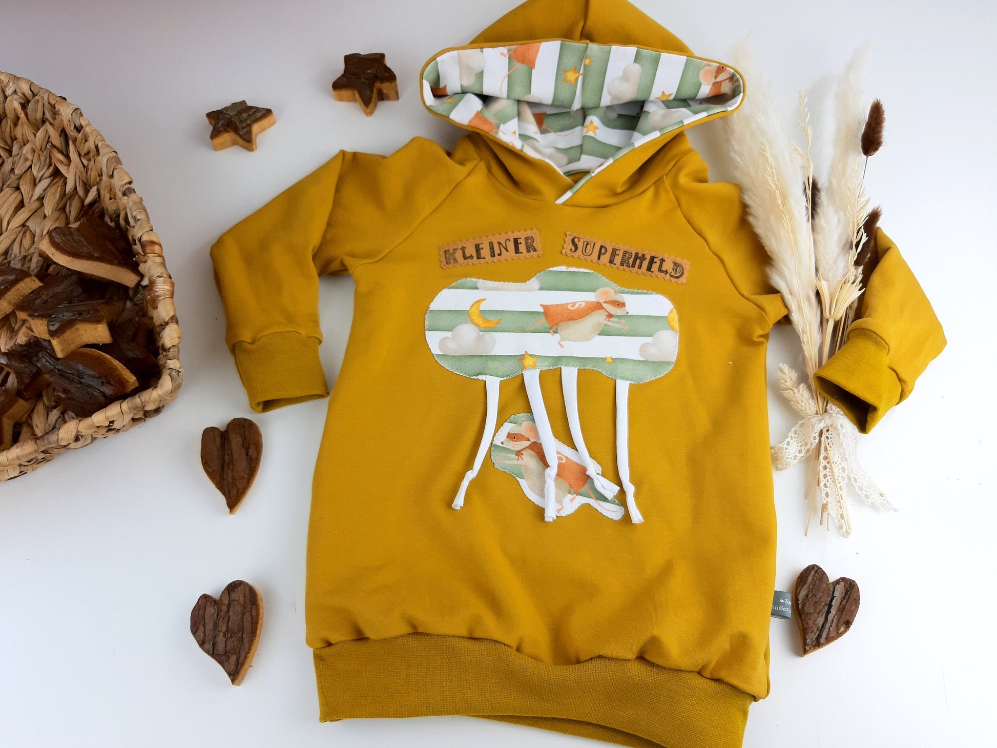 Oversized Baby und Kinder-Set: Hoodie mit Superhelden-Maus und Slim Harem Hose – Bio French Terry, Unisex, personalisierbar Gr. 62 - 128