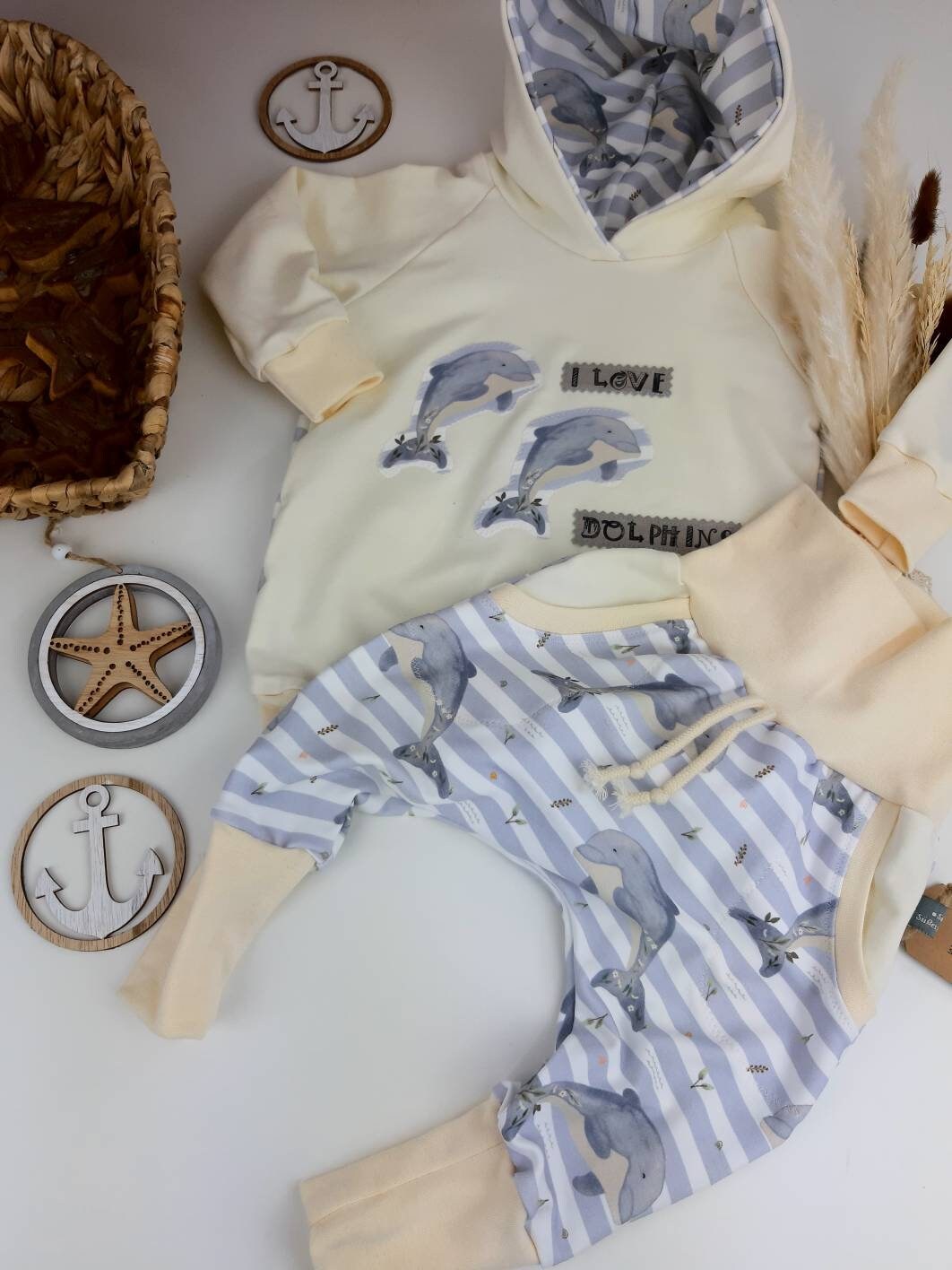 Oversized Baby und Kinder-Set: Hoodie mit Delfin-Applikation und Slim Harem Hose – Bio French Terry, Unisex, personalisierbar Gr. 62- 128