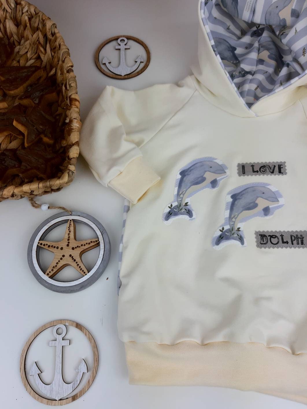Oversized Baby und Kinder-Set: Hoodie mit Delfin-Applikation und Slim Harem Hose – Bio French Terry, Unisex, personalisierbar Gr. 62- 128