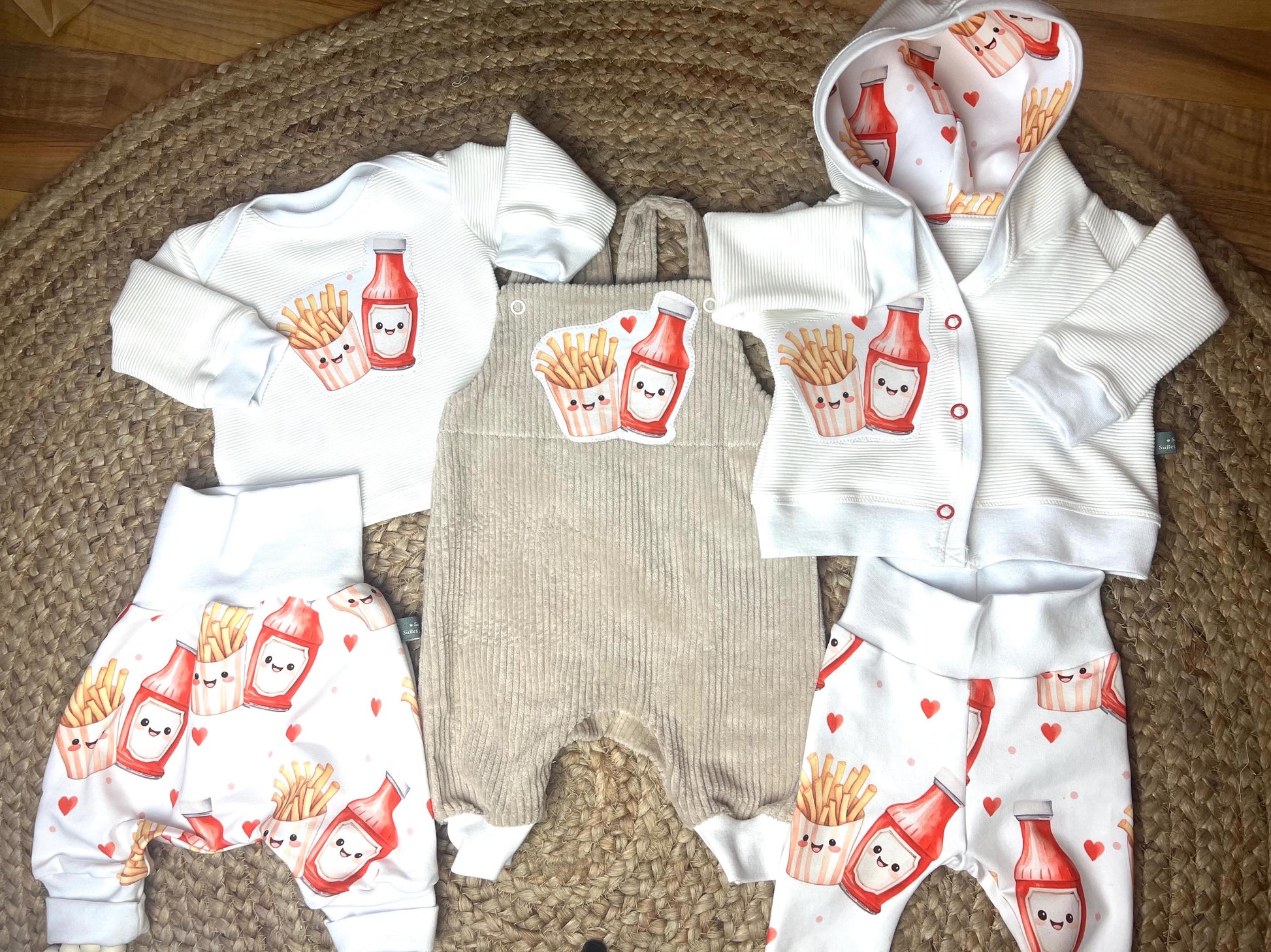 Baby-Leggings aus Bio French Terry mit niedlichem Pommes-und-Ketchup-Motiv – Handgefertigt, Unisex, komfortabel // Gr. 44 - 128