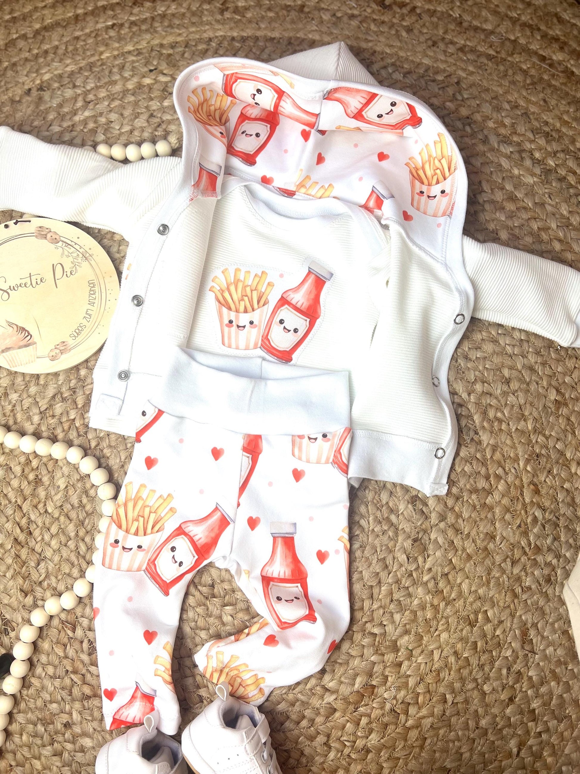 Baby-Leggings aus Bio French Terry mit niedlichem Pommes-und-Ketchup-Motiv – Handgefertigt, Unisex, komfortabel // Gr. 44 - 128